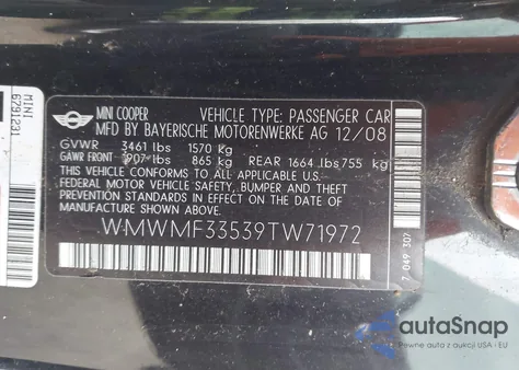 2009 Mini Cooper from USA, damaged, VIN WMWMF33539TW71972